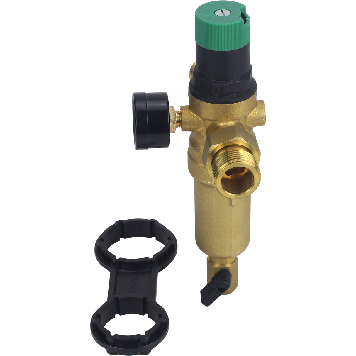 Filtre de chasse d'eau Elephant FMTWR0031-T fileté, en forme de T, corps - laiton, maille - acier inoxydable 304, avec manomètre et avec réducteur