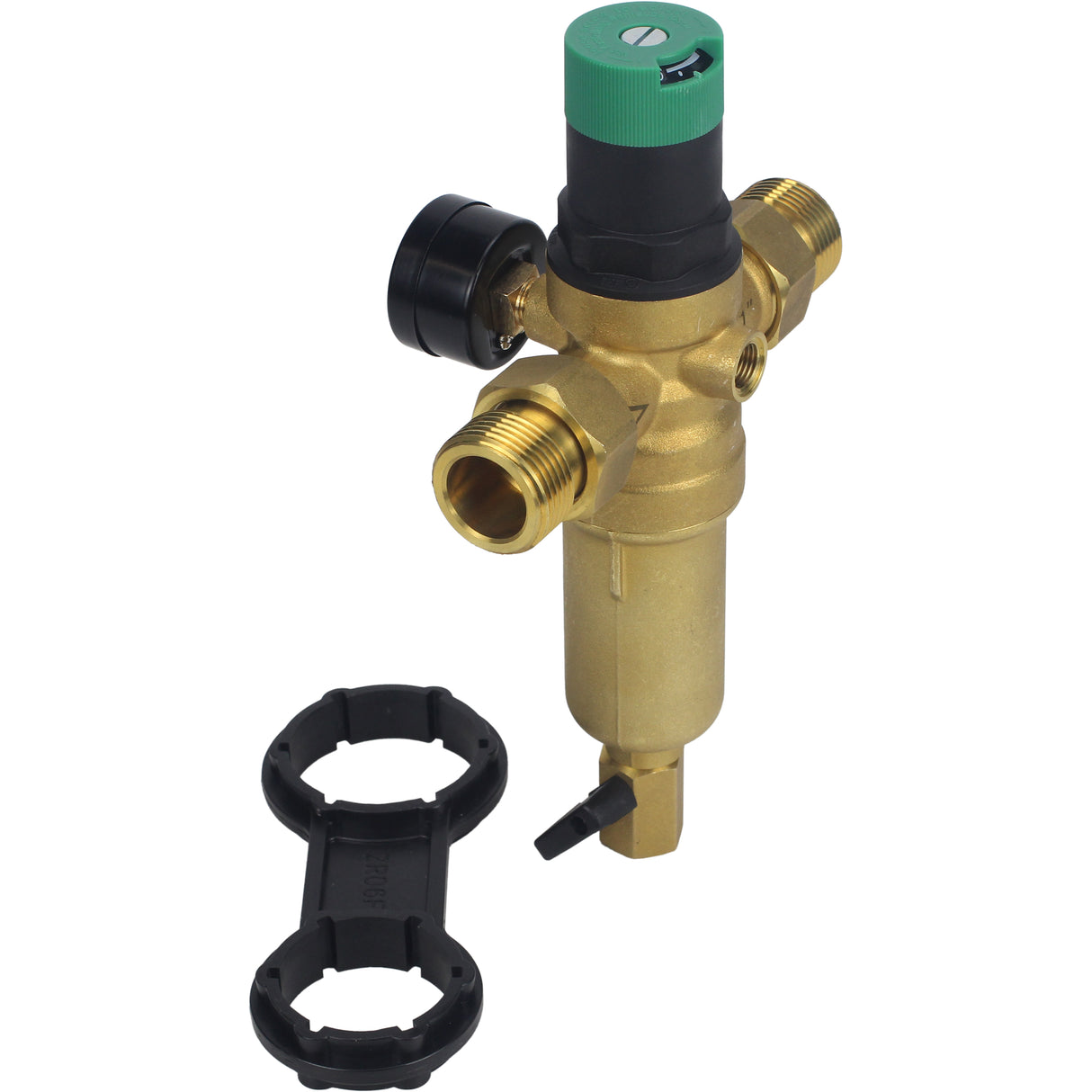 Filtre de chasse d'eau Elephant FMTWR0031-T fileté, en forme de T, corps - laiton, maille - acier inoxydable 304, avec manomètre et avec réducteur