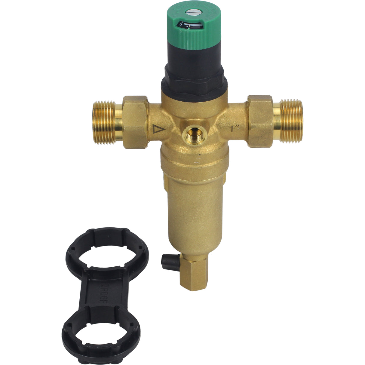 Filtre de chasse d'eau Elephant FMTWR0031-T fileté, en forme de T, corps - laiton, maille - acier inoxydable 304, avec manomètre et avec réducteur