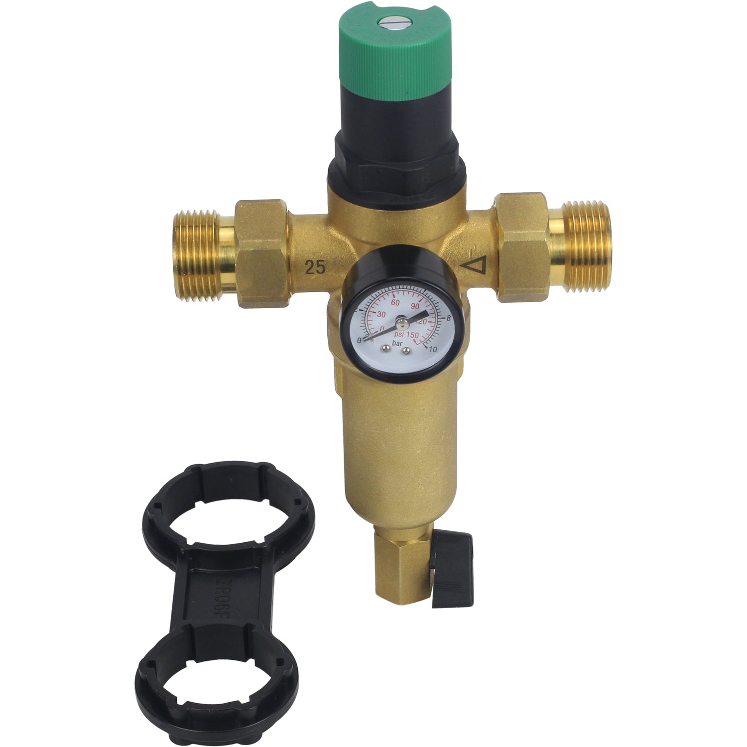 Filtre de chasse d'eau Elephant FMTWR0031-T fileté, en forme de T, corps - laiton, maille - acier inoxydable 304, avec manomètre et avec réducteur