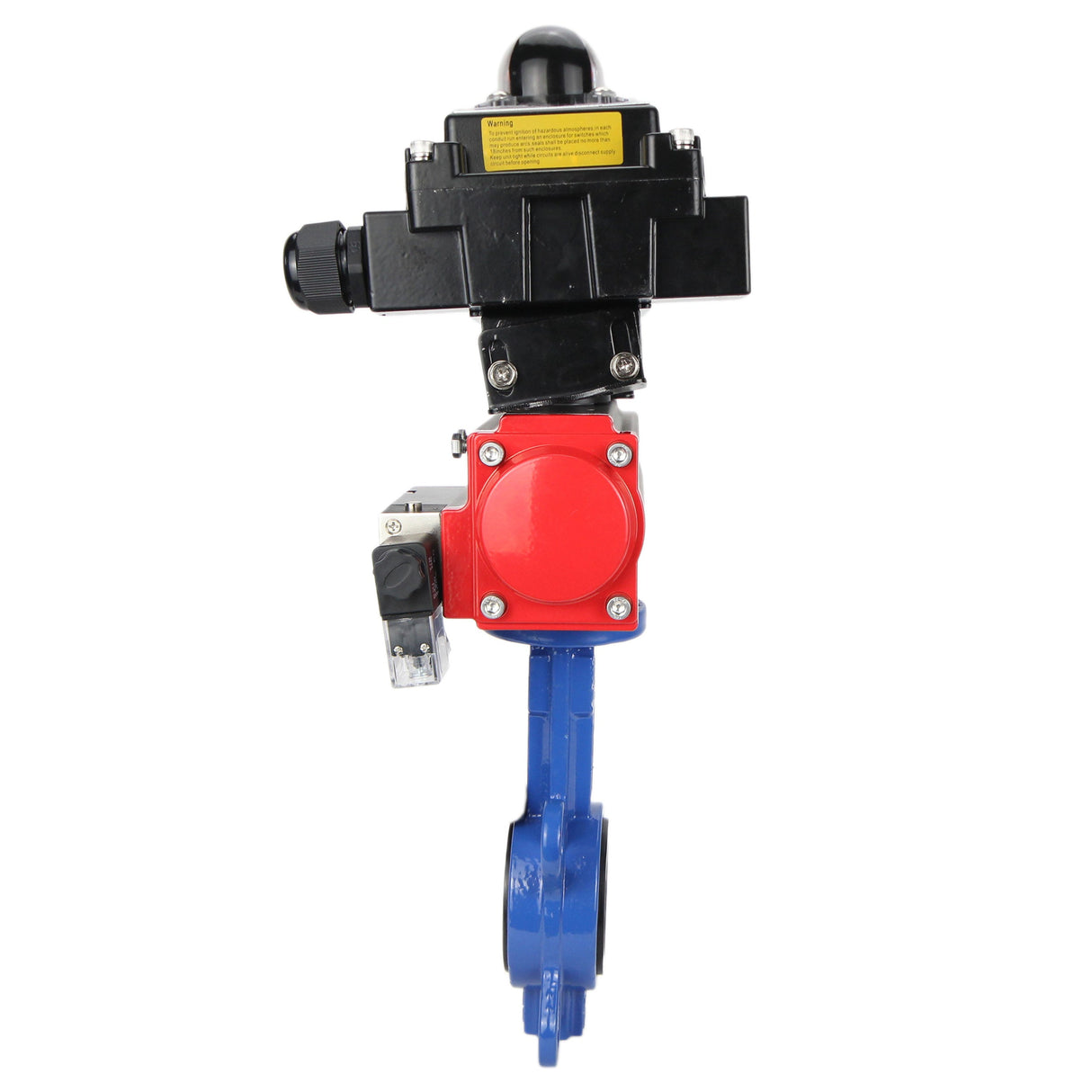 Vanne papillon d'eau Elephant GGG50-GGG40-EPDM matériau du corps - fonte GGG50, matériau du disque - fonte GGG40, joint - EPDM avec actionneur pneumatique Elephant SA, distributeur pneumatique 4M310-08 220V et bloc de fin de course APL-410N EX