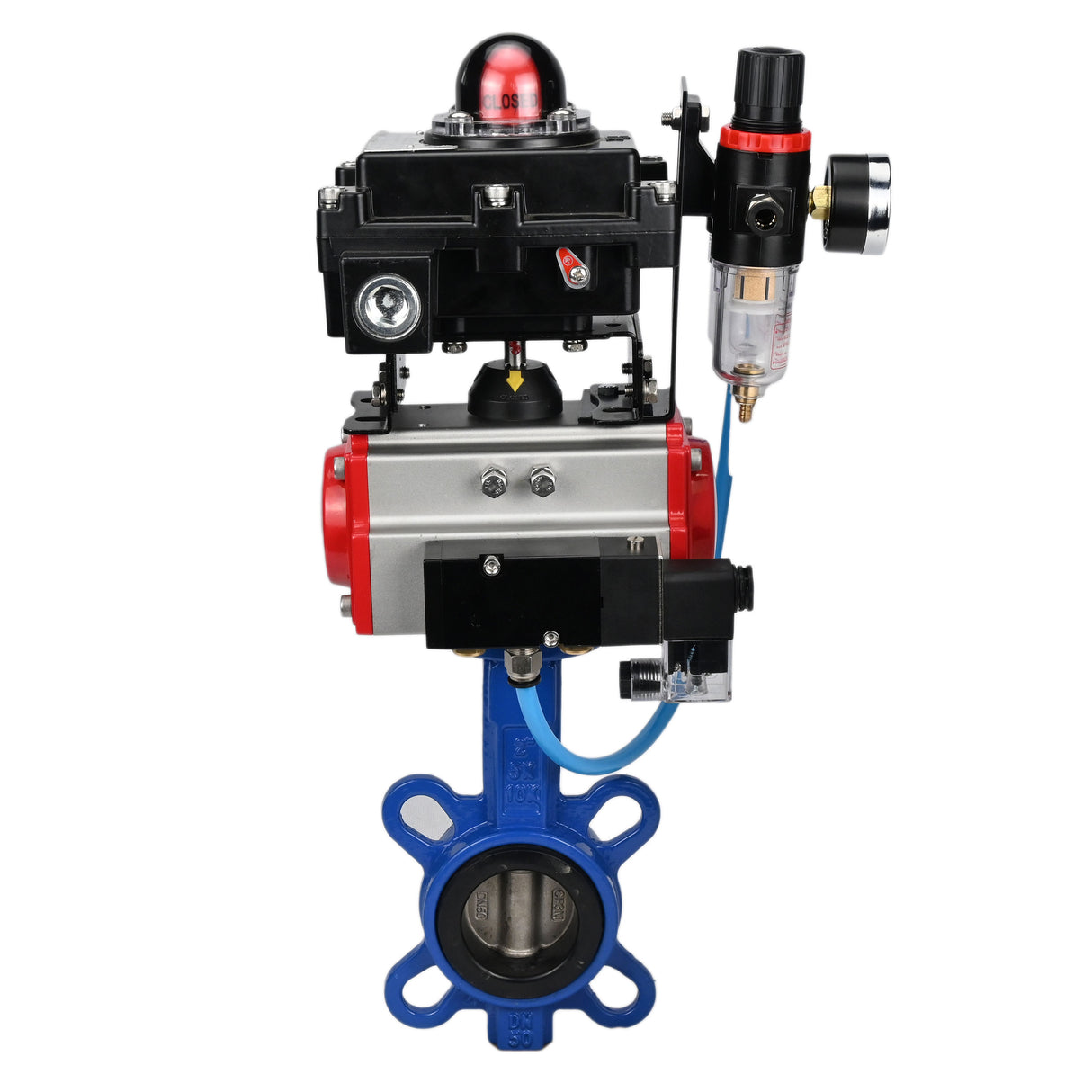 Water butterfly valve Elephant GGG50-GGG40-EPDM body material - cast iron GGG50, disk material - cast iron GGG40, seal - EPDM with pneumatic actuator Elephant SA, pneumatic distributor 4M310-08 24V, limit switch block APL-410N EX and air filter AFC2000