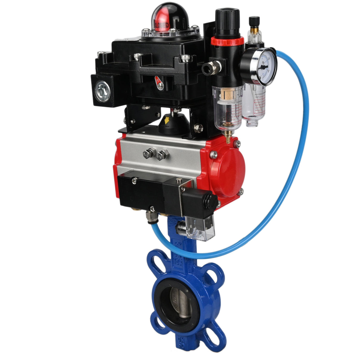 Water butterfly valve Elephant GGG50-GGG40-EPDM body material - cast iron GGG50, disk material - cast iron GGG40, seal - EPDM with pneumatic actuator Elephant SA, pneumatic distributor 4M310-08 220V, limit switch block APL-410N EX and air filter AFC2000