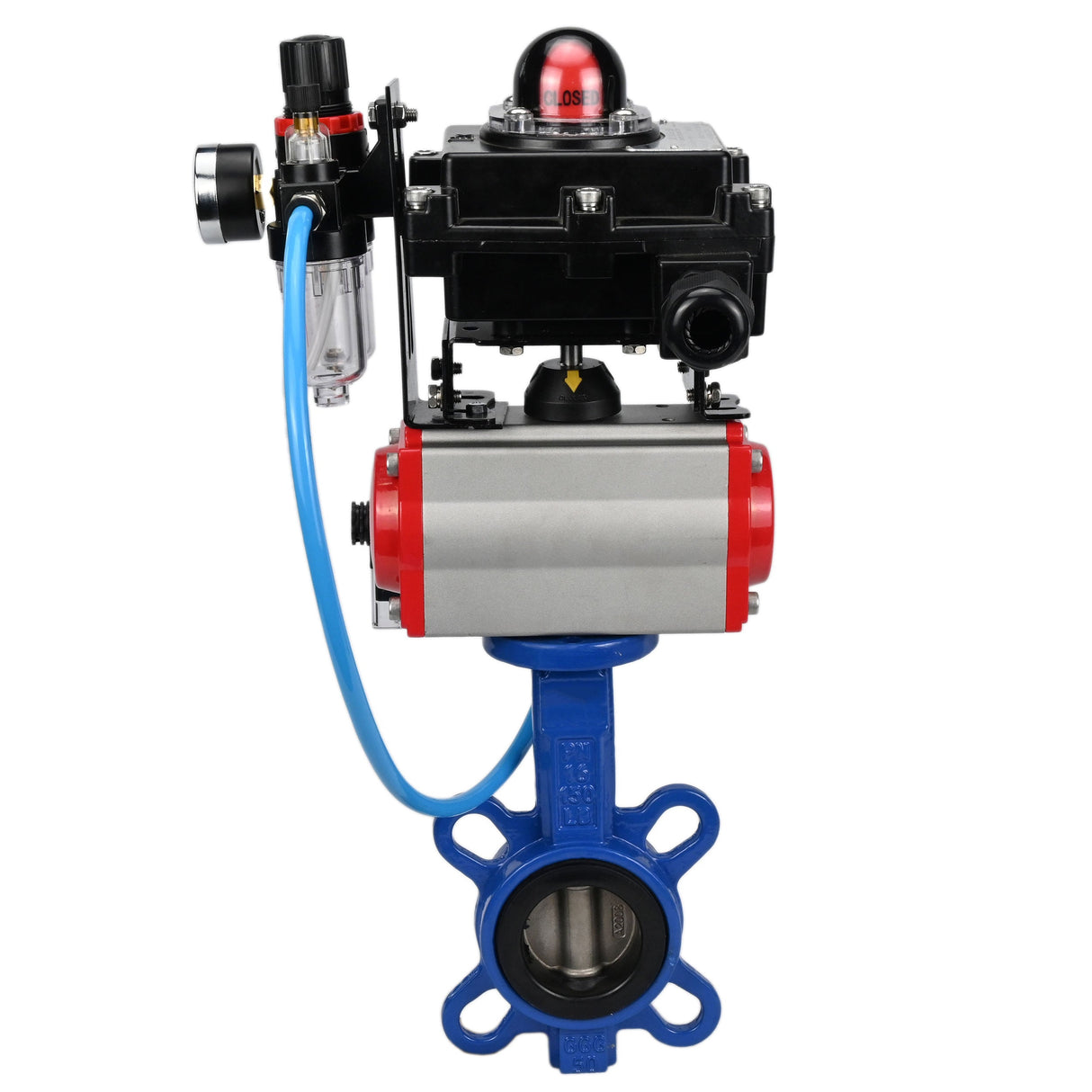 Water butterfly valve Elephant GGG50-GGG40-EPDM body material - cast iron GGG50, disk material - cast iron GGG40, seal - EPDM with pneumatic actuator Elephant DA, pneumatic distributor 4M310-08 220V, limit switch block APL-410N EX and air filter AFC2000