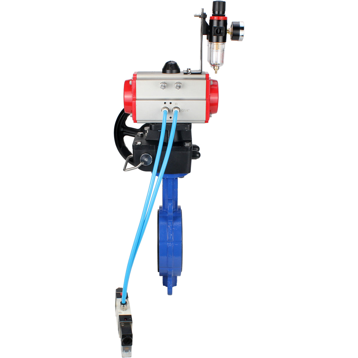 Vanne papillon d'eau Elephant WBV1413E-2W-Fb-H, matériau du corps - fonte GGG50, matériau du disque - fonte GGG40, joint - EPDM, avec actionneur pneumatique double effet PA-DA, 4V320-08 220V, volant MON, BPV AFC2000