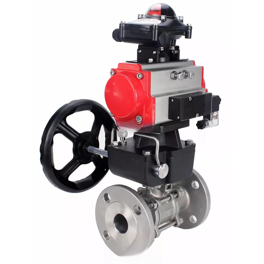 Ball valves Elephant BV3232P(3pc)-FP-F-ISO-H DN65-100 25/40 bar flanged, body - 316 stainless steel, full bore, seal - PTFE, with pneumatic drive PA-DA pneumatic distributor 4M310-08 NAMUR 24V, LSU APL-410N Ex, manual backup MON3-700-T38-ISO