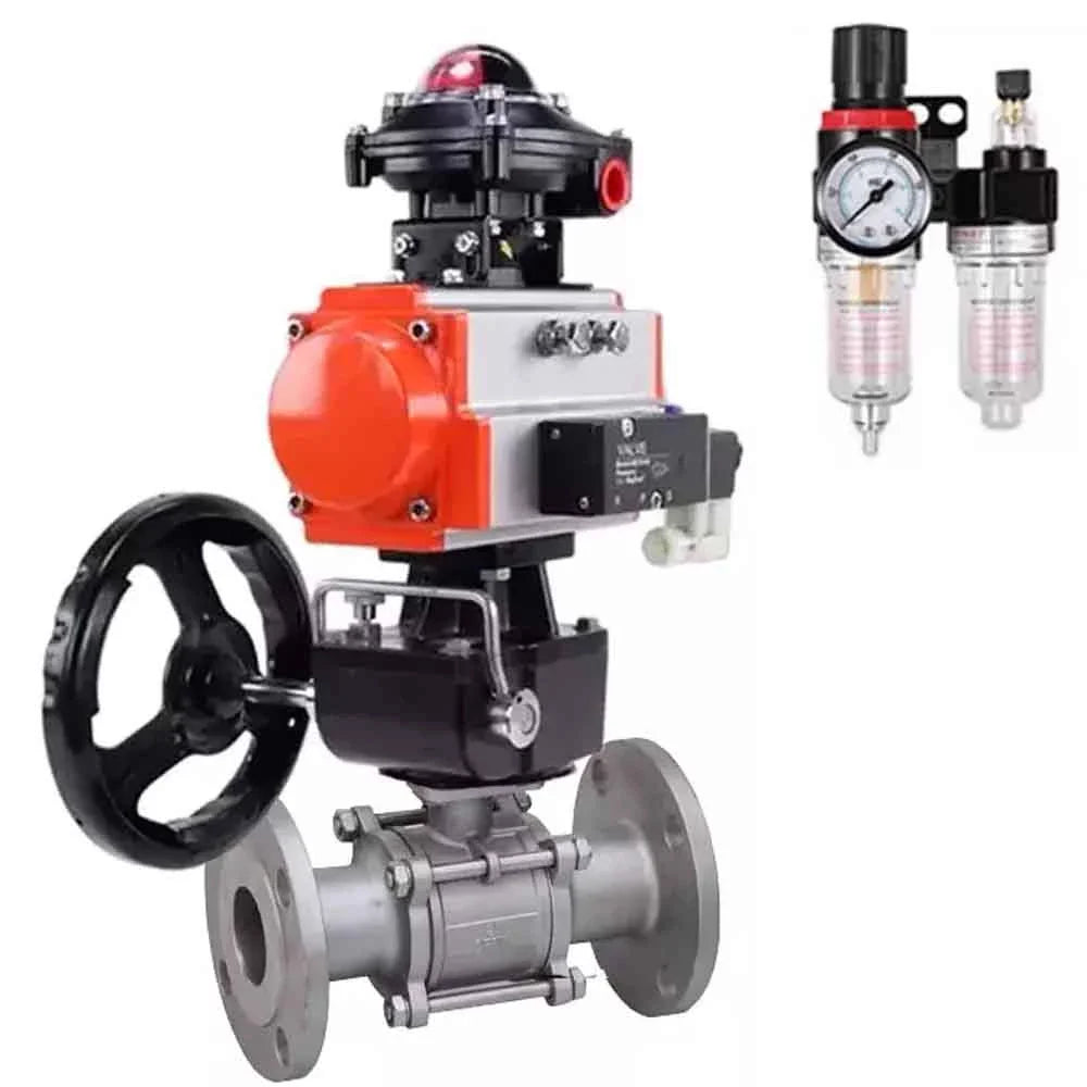 Ball valves Elephant BV3232P(3pc)-FP-F-ISO-H DN65-100 25/40 bar flanged, 316 stainless steel, full bore, seal - PTFE, with pneumatic drive PA-DA pneumatic distributor 4M310-08 NAMUR 24V, LSU APL-410N Ex, manual backup MON3-700-T38-ISO, ATU AFC2000