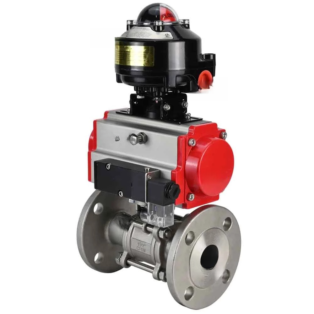 Ball valves Elephant BV3232P(3pc)-FP-F-ISO-H DN65-100 25/40 bar flanged with ISO flange, body - 316 stainless steel, full bore, seal - PTFE, with PA-SA pneumatic actuator, pneumatic distributor 4M310-08 NAMUR 220V, LSU APL-510N Ex