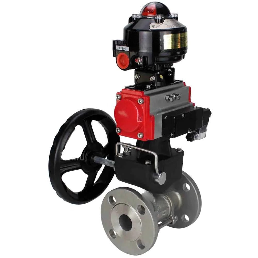 Ball valves Elephant BV3232P(3pc)-FP-F-ISO-H DN65-100 25/40 bar flanged, body - 316 stainless steel, full bore, seal - PTFE, with pneumatic drive PA-DA pneumatic distributor 4M310-08 NAMUR 24V, LSU APL-510N Ex, manual backup MON3-700-T38-ISO