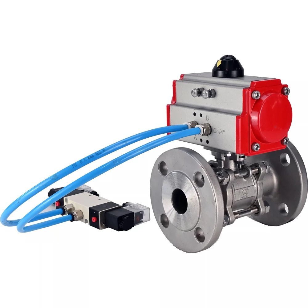 Ball valves Elephant BV3232P(3pc)-FP-F-ISO-H DN65-100 25/40 bar flanged with ISO flange, body - 316 stainless steel, full bore, seal - PTFE, with pneumatic drive PA-DA pneumatic distributor 4V320-10 220V