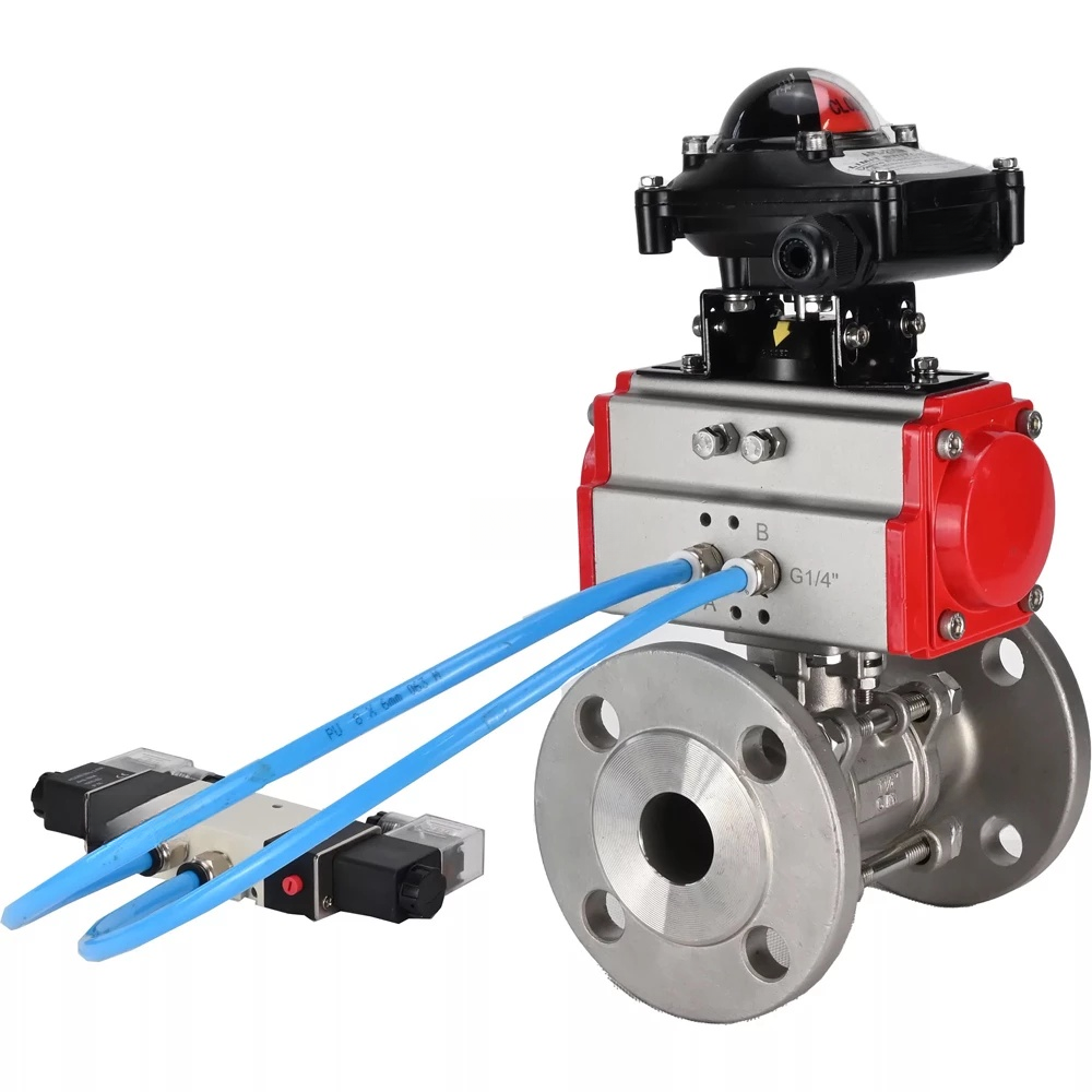 Ball valves Elephant BV3232P(3pc)-FP-F-ISO-H DN65-100 25/40 bar flanged with ISO flange, body - 316 stainless steel, full bore, seal - PTFE, with pneumatic drive PA-DA pneumatic distributor 4V320-08 220V, LSU APL-410N Ex