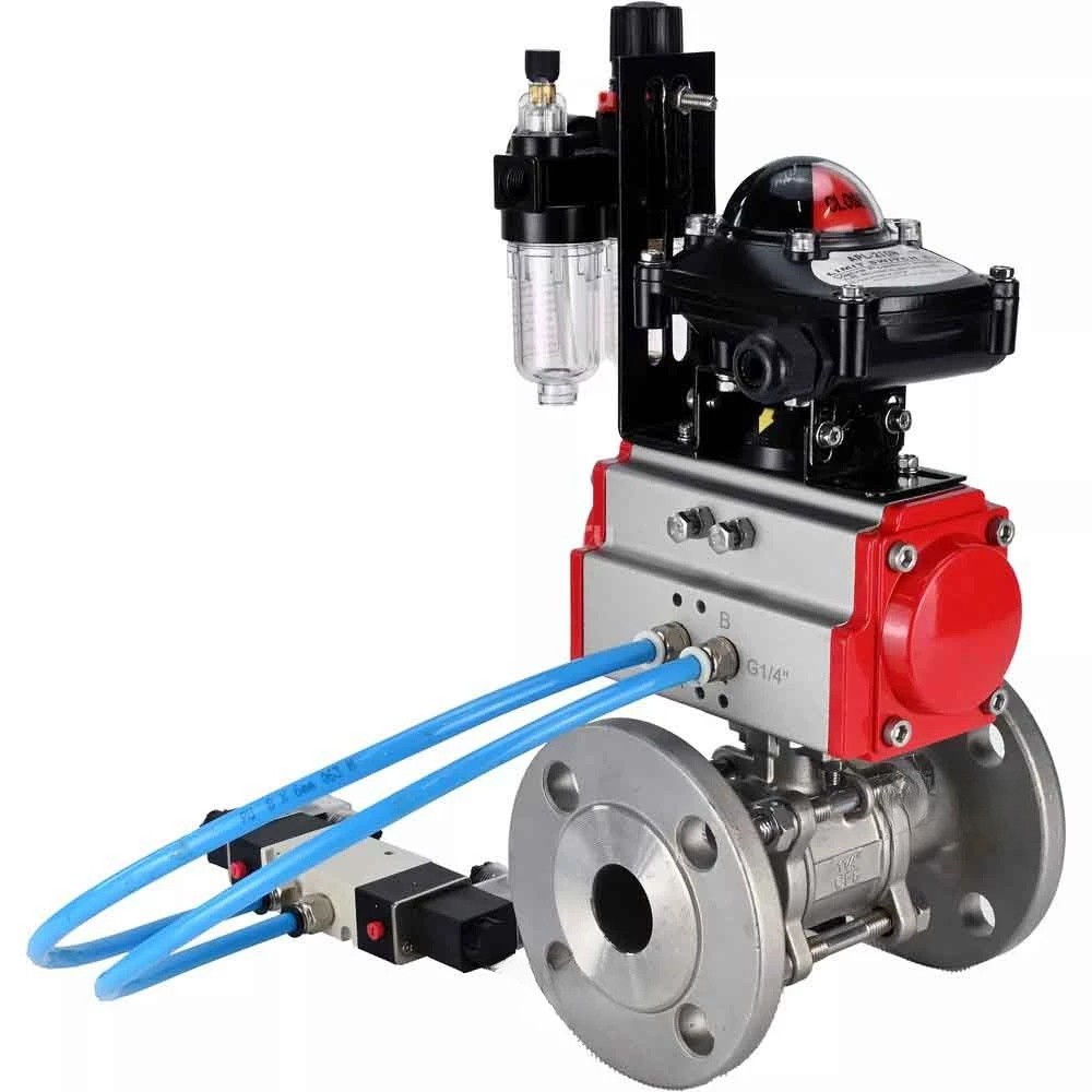 Ball valves Elephant BV3232P(3pc)-FP-F-ISO-H DN65-100 25/40 bar flanged with ISO flange, body - 316 stainless steel, full bore, seal - PTFE, with PA-SA pneumatic actuator, pneumatic distributor 4V320-08 220V, LSU APL-410N Ex, ATU AFC2000