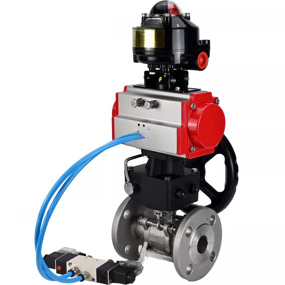 Ball valves Elephant BV3232P(3pc)-FP-F-ISO-H DN65-100 25/40 bar flanged, body - 316 stainless steel, full bore, seal - PTFE, with pneumatic drive PA-DA pneumatic distributor 4V320-08 220V, LSU APL-510N Ex, manual backup MON3-700-T38-ISO