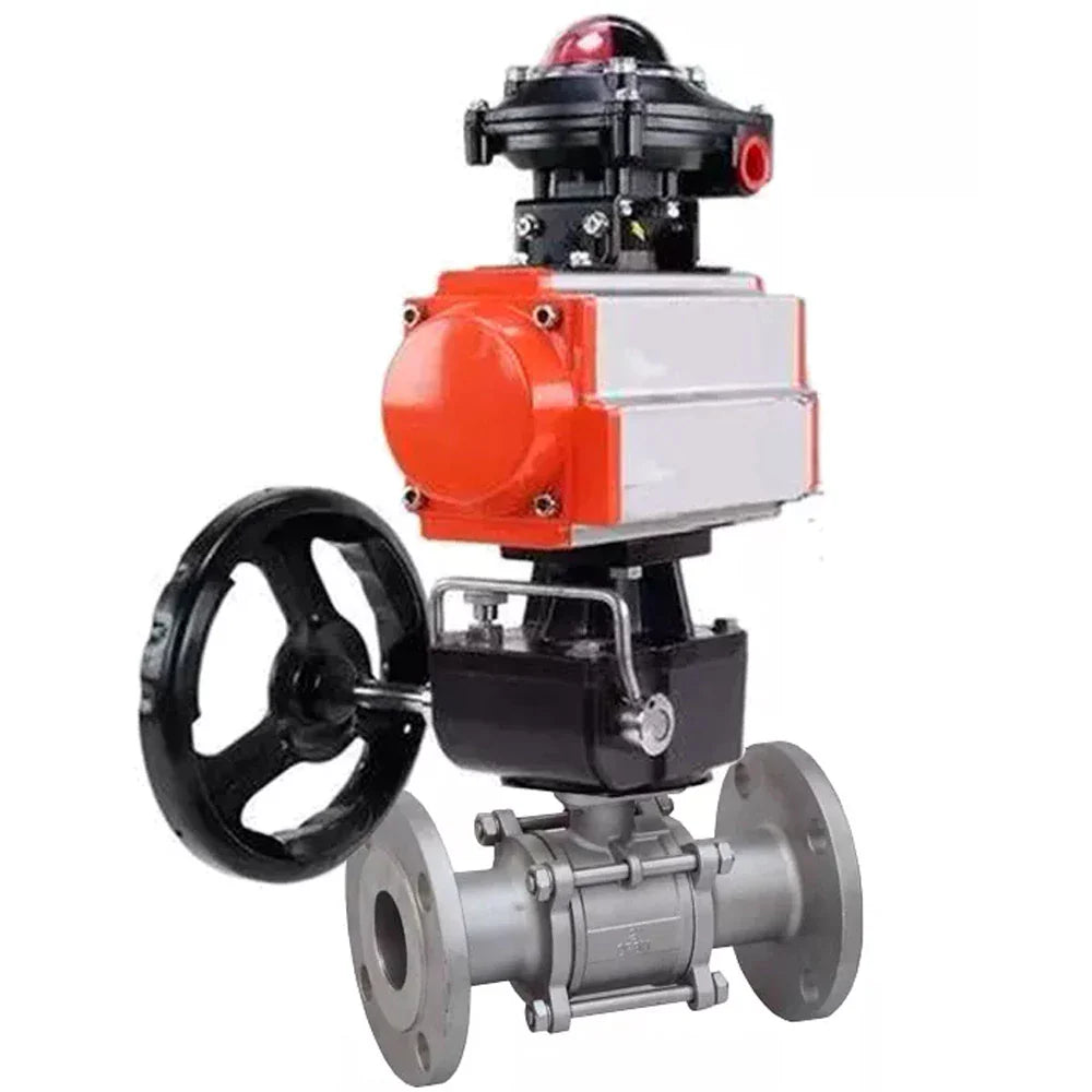 Ball valves Elephant BV3232P(3pc)-FP-F-ISO-H DN65-100 25/40 bar flanged with ISO flange, body - 316 stainless steel, full bore, seal - PTFE, with pneumatic drive PA-DA LSU APL-510N Ex, manual backup MON3-700-T38-ISO