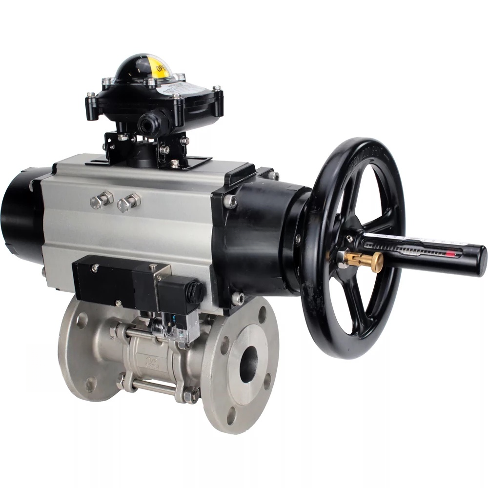 Ball valves Elephant BV3232P(3pc)-FP-F-ISO-H DN65-100 25/40 bar flanged with ISO flange, body - 316 stainless steel, full bore, seal - PTFE, with pneumatic drive PA-DA-105-1, pneumatic distributor 4M310-08 NAMUR 220V, LSU APL-210N