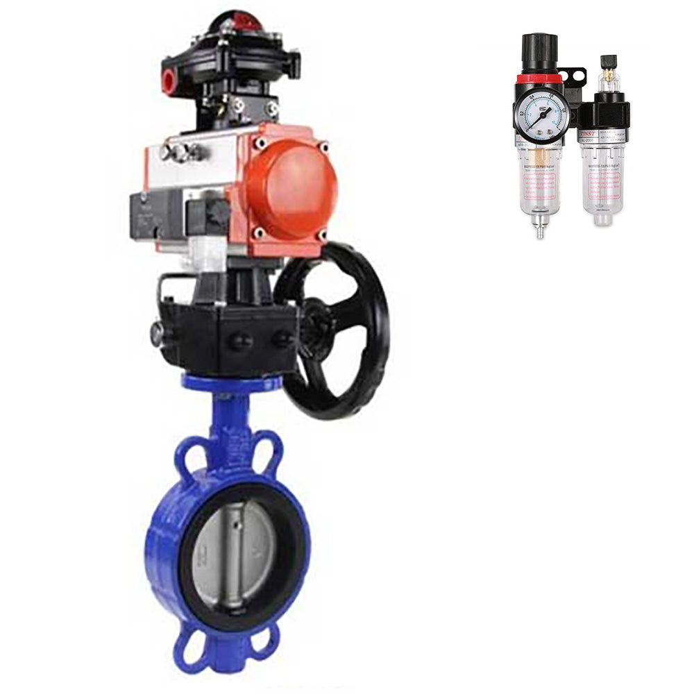 Water butterfly valve Elephant GGG50-316L-EPDM body material - cast iron GGG50, disk material - stainless steel 316L, seal - EPDM with double-acting pneumatic actuator Elephant DA, pneumatic distributor 4M310-08 NAMUR 24V, manual doubler HDM, air filter
