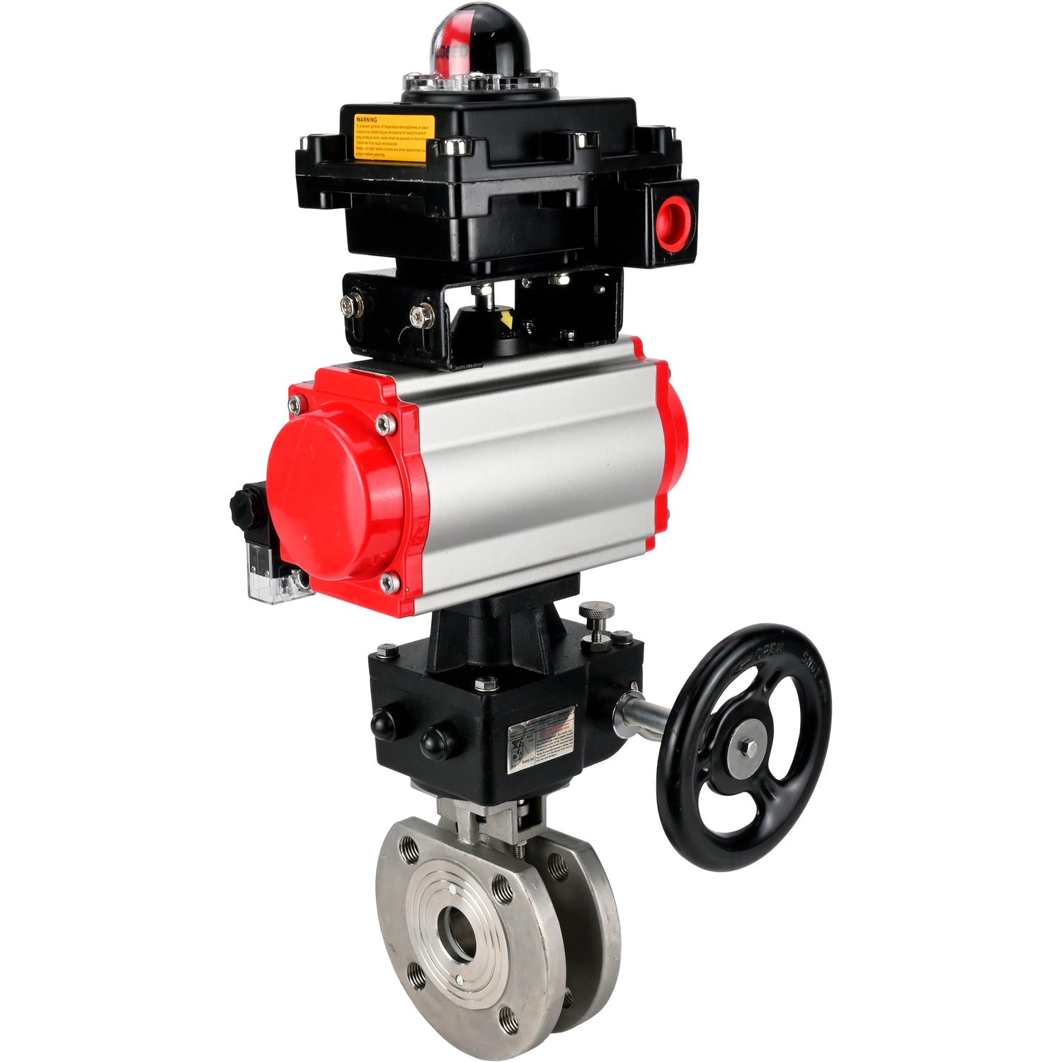 Stainless steel ball valve Elephant BVсFP,316,200 16 bar, full port, compact flanged, pneumatic actuator Elephant DA double acting, manual override HDM, pneumatic distributor 4M310-08 NAMUR  24 V, limit switch block APL-410N EX