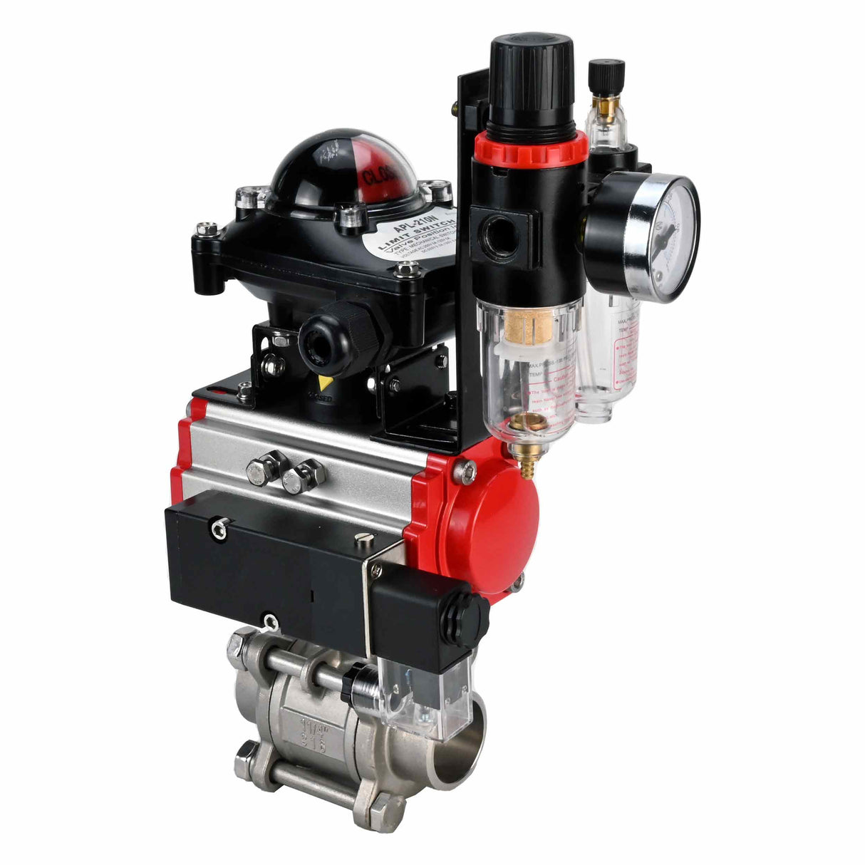 Robinet à boisseau sphérique en acier inoxydable Elephant kshpp-316200-sa-4m310-24-apl210n-bpv, matériau du corps - acier inoxydable AISI 316, matériau de la bille - acier inoxydable AISI 316, joint - PTFE, actionné par actionneur pneumatique