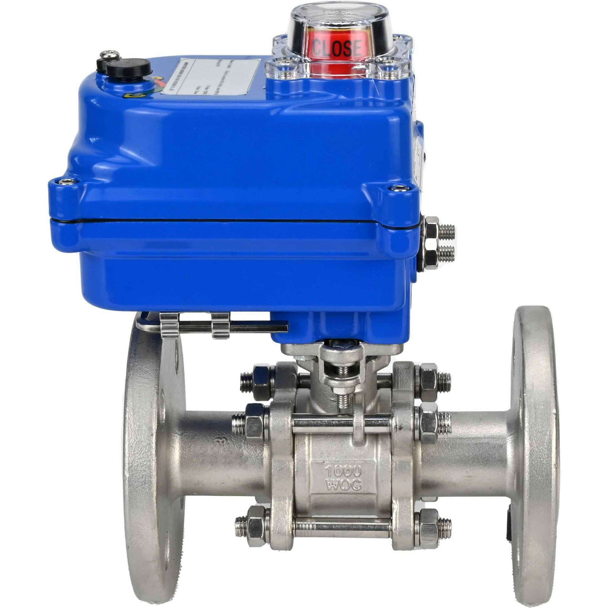 Robinet à boisseau sphérique en acier inoxydable Elephant BVFPT-ISO.316.180 PSI580 en trois parties, matériau du corps - acier inoxydable SS316, joint - PTFE, à brides, passage intégral, actionneur électrique Elephant 003 bleu 220 V