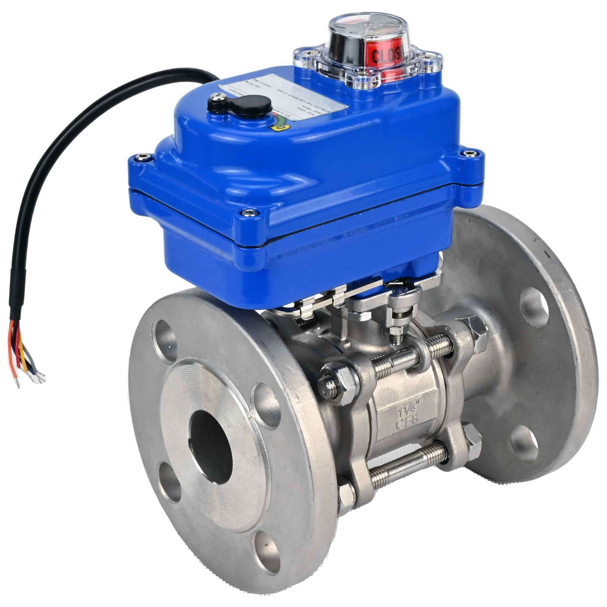 Robinet à boisseau sphérique en acier inoxydable Elephant BVFPT-ISO.304.180 en trois parties, matériau du corps - acier inoxydable SS304, joint - PTFE, à brides, passage intégral, actionneur électrique Elephant 003 bleu 24 V