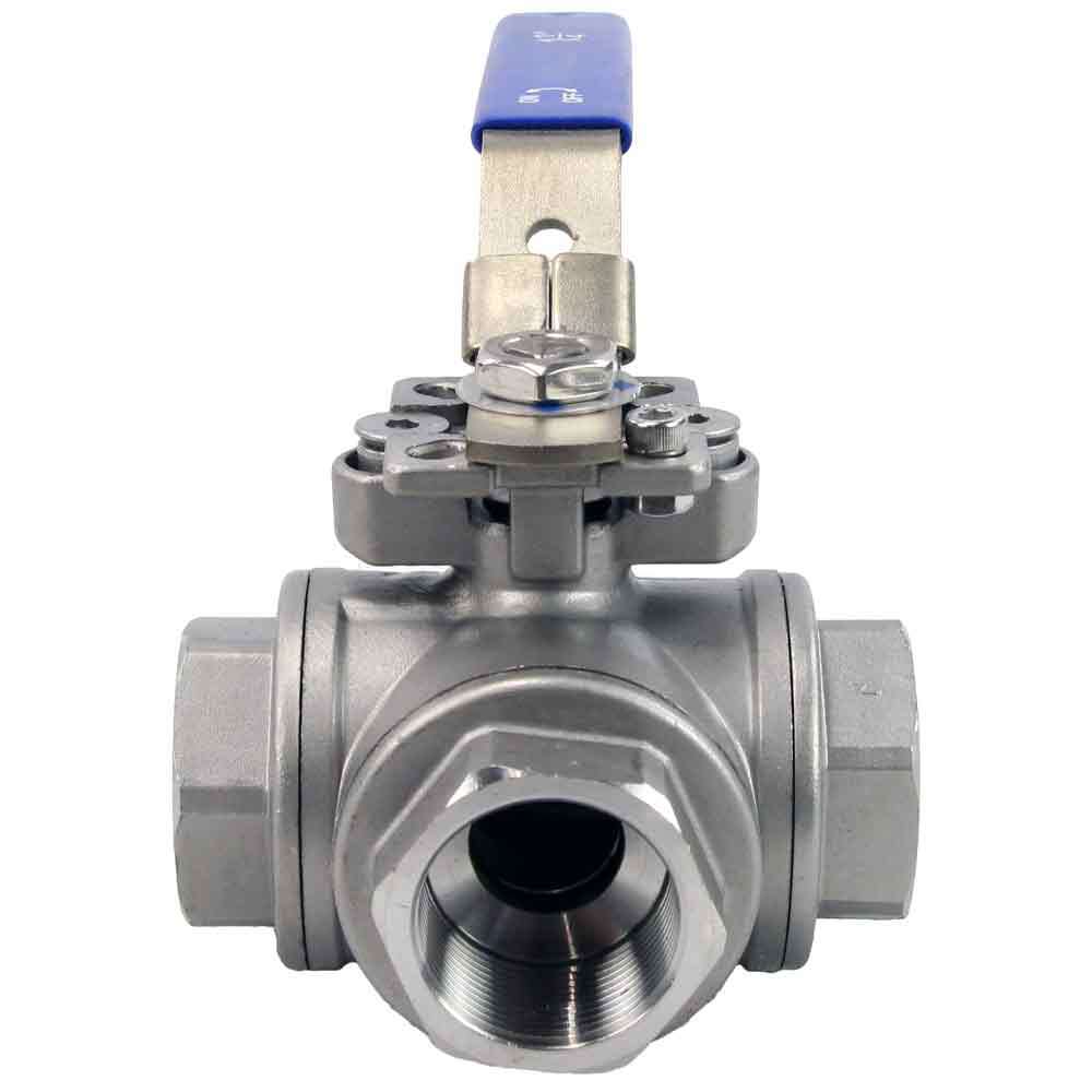 Vanne à boisseau sphérique en acier inoxydable à 3 voies Filetage NPT/BSP Type T Port standard Elephant RP.SS316.200.MM 986 psi avec support de montage et poignée ISO 5211