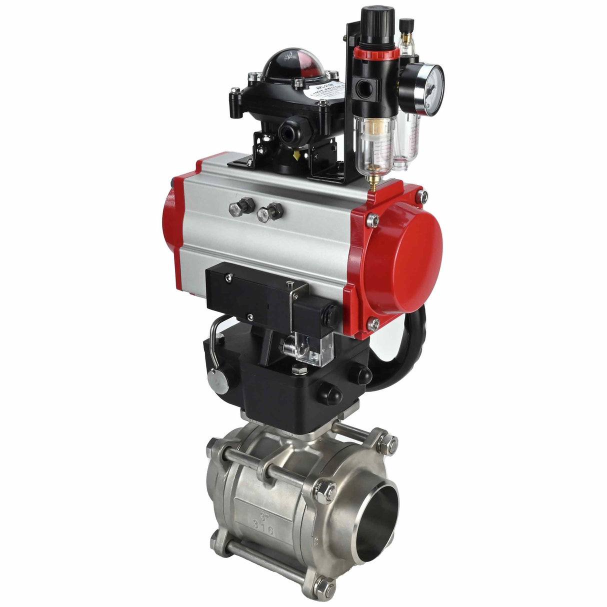 Robinet à boisseau sphérique en acier inoxydable Elephant kshpp-316200-da-4m310-24-apl210n-hdm-bpv, matériau du corps - acier inoxydable AISI 316, matériau de la bille - acier inoxydable AISI 316, joint - PTFE, actionné par actionneur pneumatique