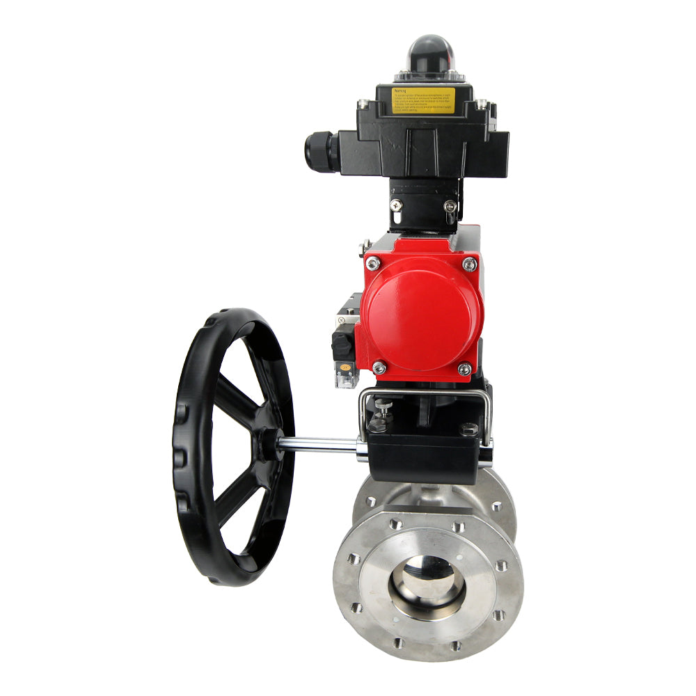 Vanne à boisseau sphérique en acier inoxydable Elephant BVFP.316, actionneur pneumatique Elephant DA, réducteur HDM, distributeur pneumatique 4M310-08 220 V, bloc interrupteur de fin de course APL-410N EX