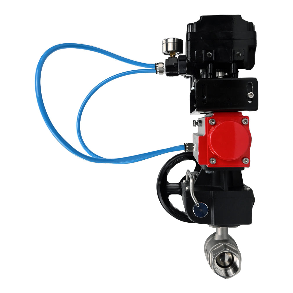 Robinet à boisseau sphérique en acier inoxydable Elephant kshmp316-elephant-da-yt1000rsn-hdm, matériau du corps - acier inoxydable AISI 316, matériau de la bille - acier inoxydable AISI 316, joint - PTFE, actionné par actionneur pneumatique