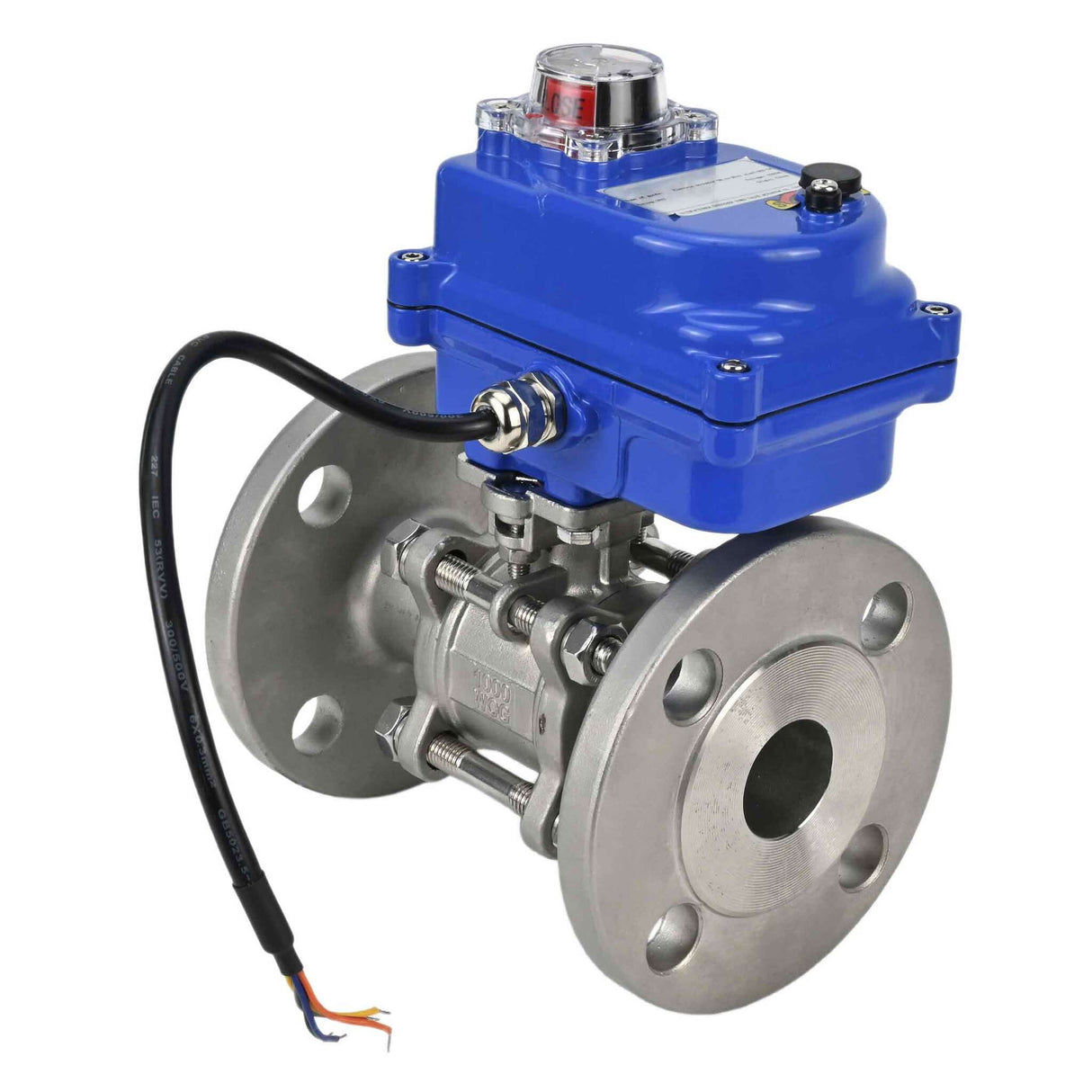 Robinet à boisseau sphérique en acier inoxydable Elephant BVFPT-ISO.304.180 en trois parties, matériau du corps - acier inoxydable SS304, joint - PTFE, à brides, passage intégral, actionneur électrique Elephant 003 bleu 24 V