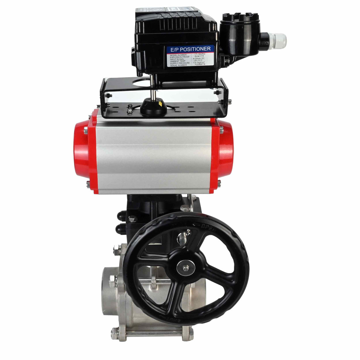 Robinet à boisseau sphérique en acier inoxydable Elephant kshpp-316200-da-yt1000rsn-hdm, matériau du corps - acier inoxydable AISI 316, matériau de la bille - acier inoxydable AISI 316, joint - PTFE, actionné par actionneur pneumatique