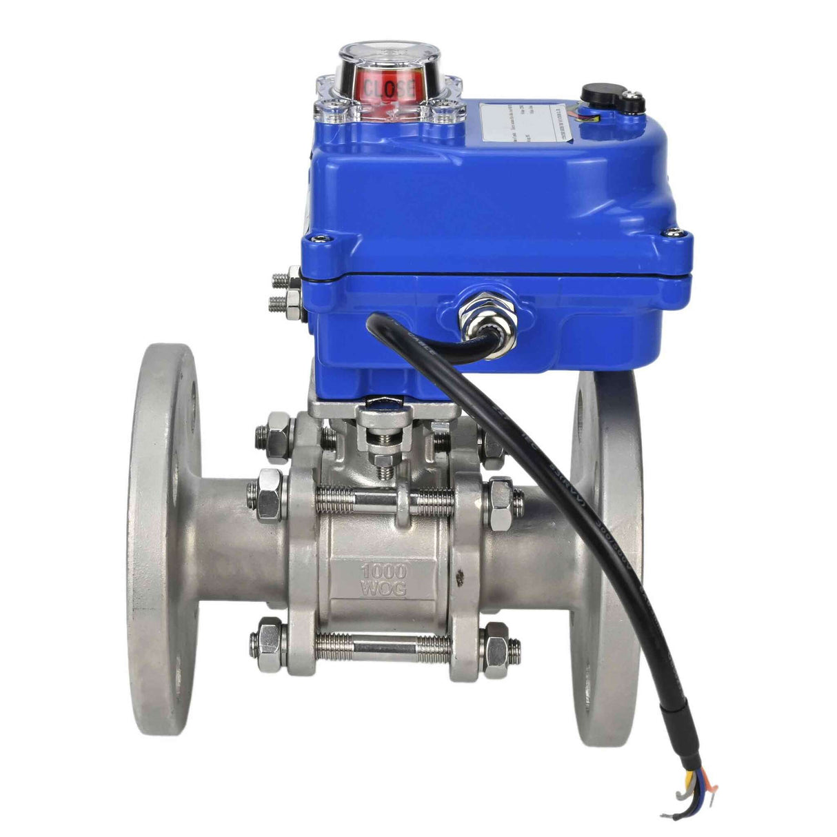 Robinet à boisseau sphérique en acier inoxydable Elephant BVFPT-ISO.304.180 en trois parties, matériau du corps - acier inoxydable SS304, joint - PTFE, à brides, passage intégral, actionneur électrique Elephant 003 bleu 24 V