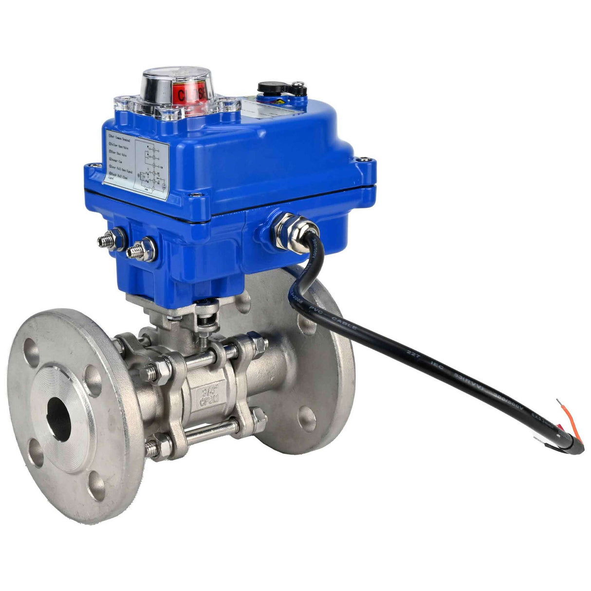 Robinet à boisseau sphérique en acier inoxydable Elephant BVFPT-ISO.316.180 PSI580 en trois parties, matériau du corps - acier inoxydable SS316, joint - PTFE, à brides, passage intégral, actionneur électrique Elephant 003 bleu 220 V