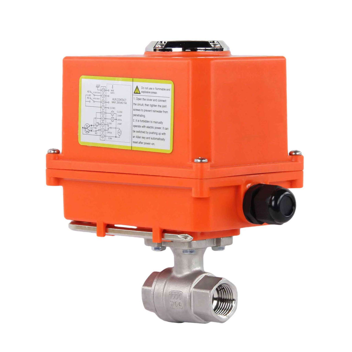 Robinet à boisseau sphérique en acier inoxydable Elephant BVMP.316.230-ISO PSI914, matériau du corps - acier inoxydable AISI 316, matériau de la bille - acier inoxydable AISI 316, joint - PTFE, fileté, actionneur électrique quart de tour Elephant-110/220В