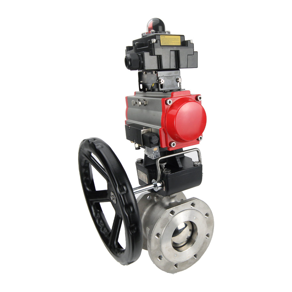 Vanne à boisseau sphérique en acier inoxydable Elephant BVFP.316, actionneur pneumatique Elephant DA, réducteur HDM, distributeur pneumatique 4M310-08 220 V, bloc interrupteur de fin de course APL-410N EX