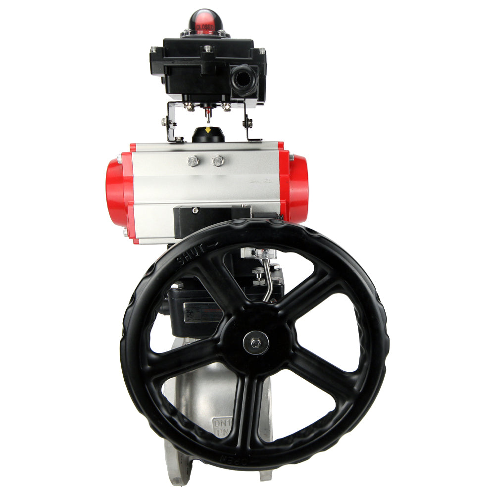 Vanne à boisseau sphérique en acier inoxydable Elephant BVFP.316, actionneur pneumatique Elephant DA, réducteur HDM, distributeur pneumatique 4M310-08 24 V, bloc interrupteur de fin de course APL-410N EX