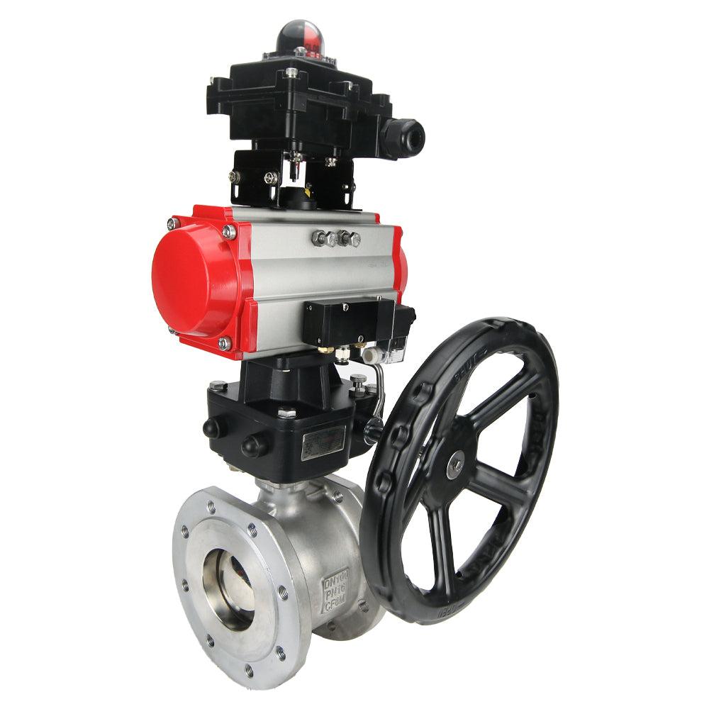 Vanne à boisseau sphérique en acier inoxydable Elephant BVFP.316, actionneur pneumatique Elephant DA, réducteur HDM, distributeur pneumatique 4M310-08 220 V, bloc interrupteur de fin de course APL-410N EX