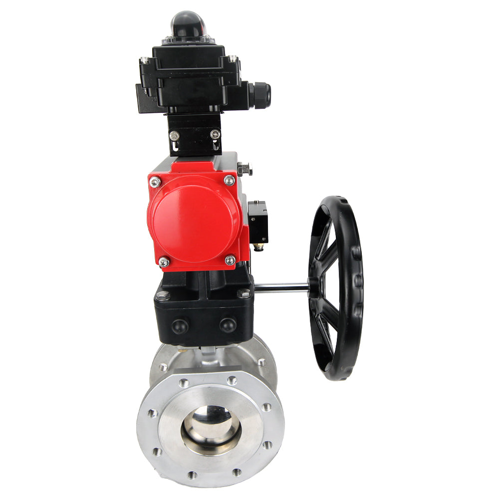 Vanne à boisseau sphérique en acier inoxydable Elephant BVFP.316, actionneur pneumatique Elephant DA, réducteur HDM, distributeur pneumatique 4M310-08 24 V, bloc interrupteur de fin de course APL-410N EX