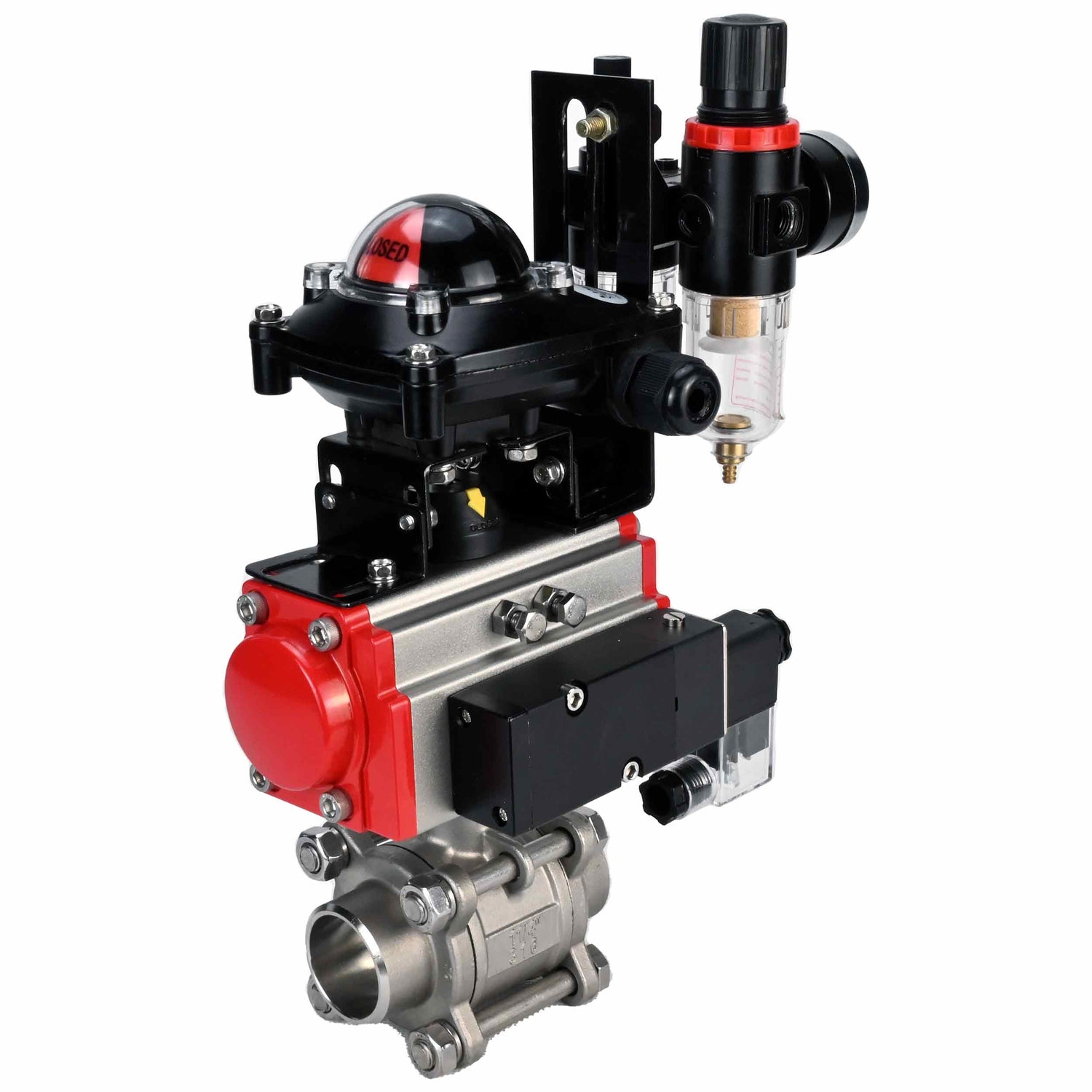 Robinet à boisseau sphérique en acier inoxydable Elephant kshpp-316200-da-4m310-110/220-apl210n-bpv, matériau du corps - acier inoxydable AISI 316, matériau de la bille - acier inoxydable AISI 316, joint - PTFE, actionné par actionneur pneumatique