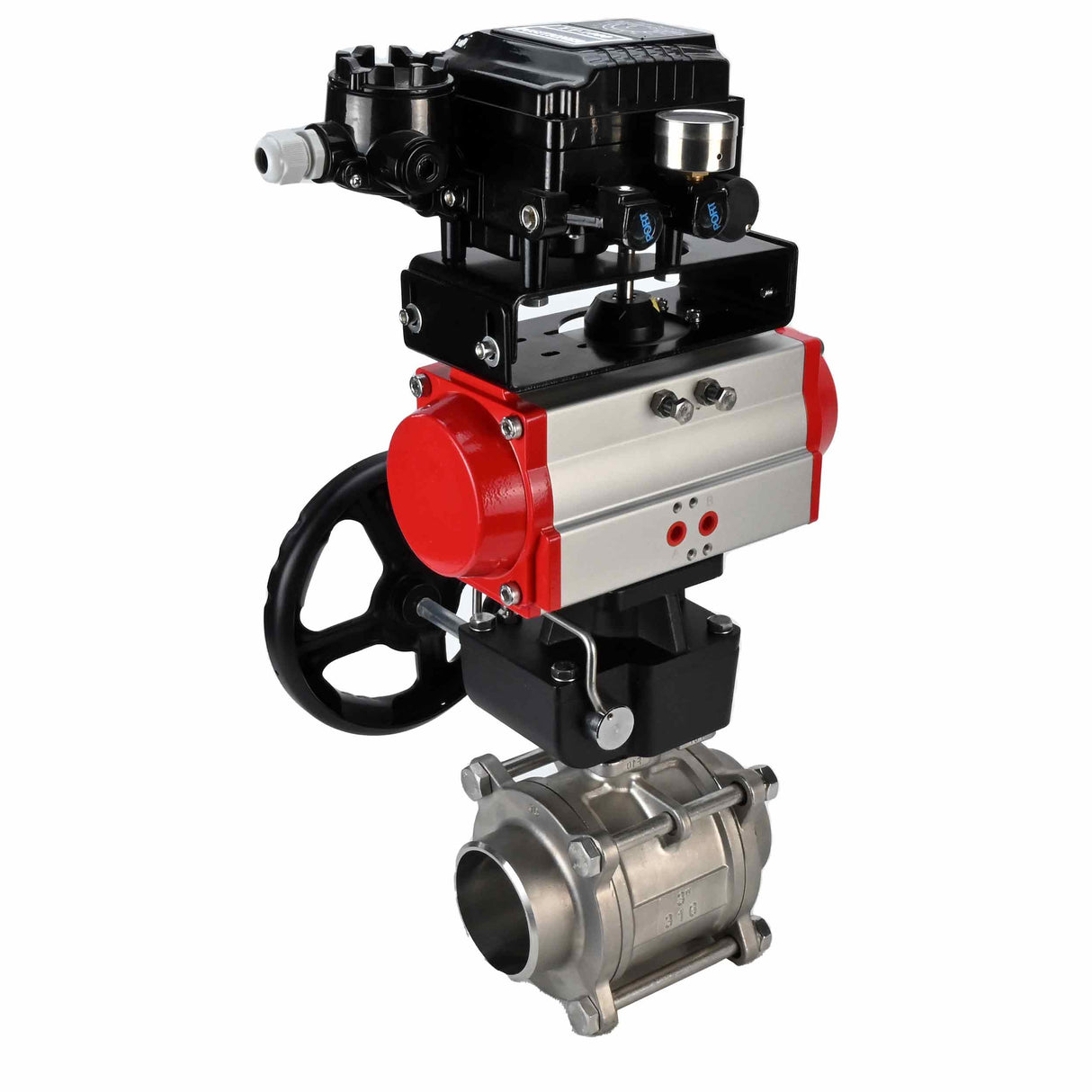 Robinet à boisseau sphérique en acier inoxydable Elephant kshpp-316200-da-yt1000rsn-hdm, matériau du corps - acier inoxydable AISI 316, matériau de la bille - acier inoxydable AISI 316, joint - PTFE, actionné par actionneur pneumatique