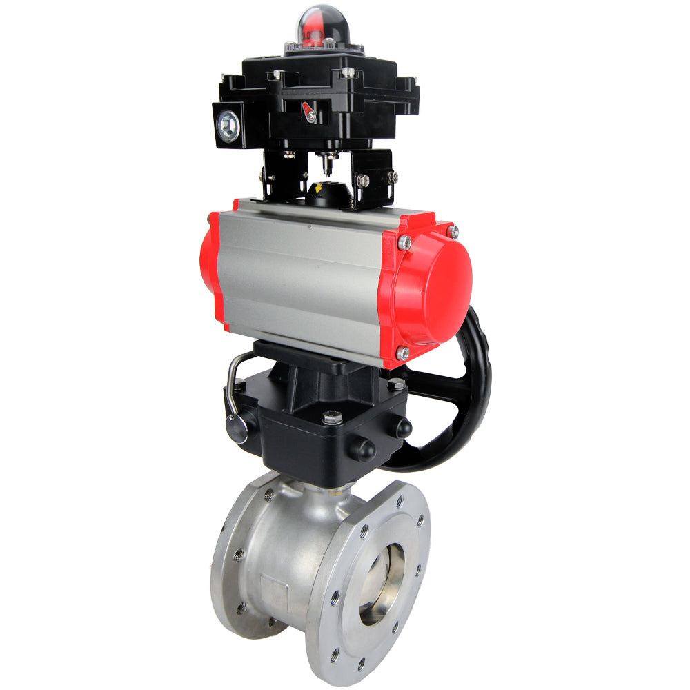 Vanne à boisseau sphérique en acier inoxydable Elephant BVFP.316, actionneur pneumatique Elephant DA, réducteur HDM, distributeur pneumatique 4M310-08 24 V, bloc interrupteur de fin de course APL-410N EX