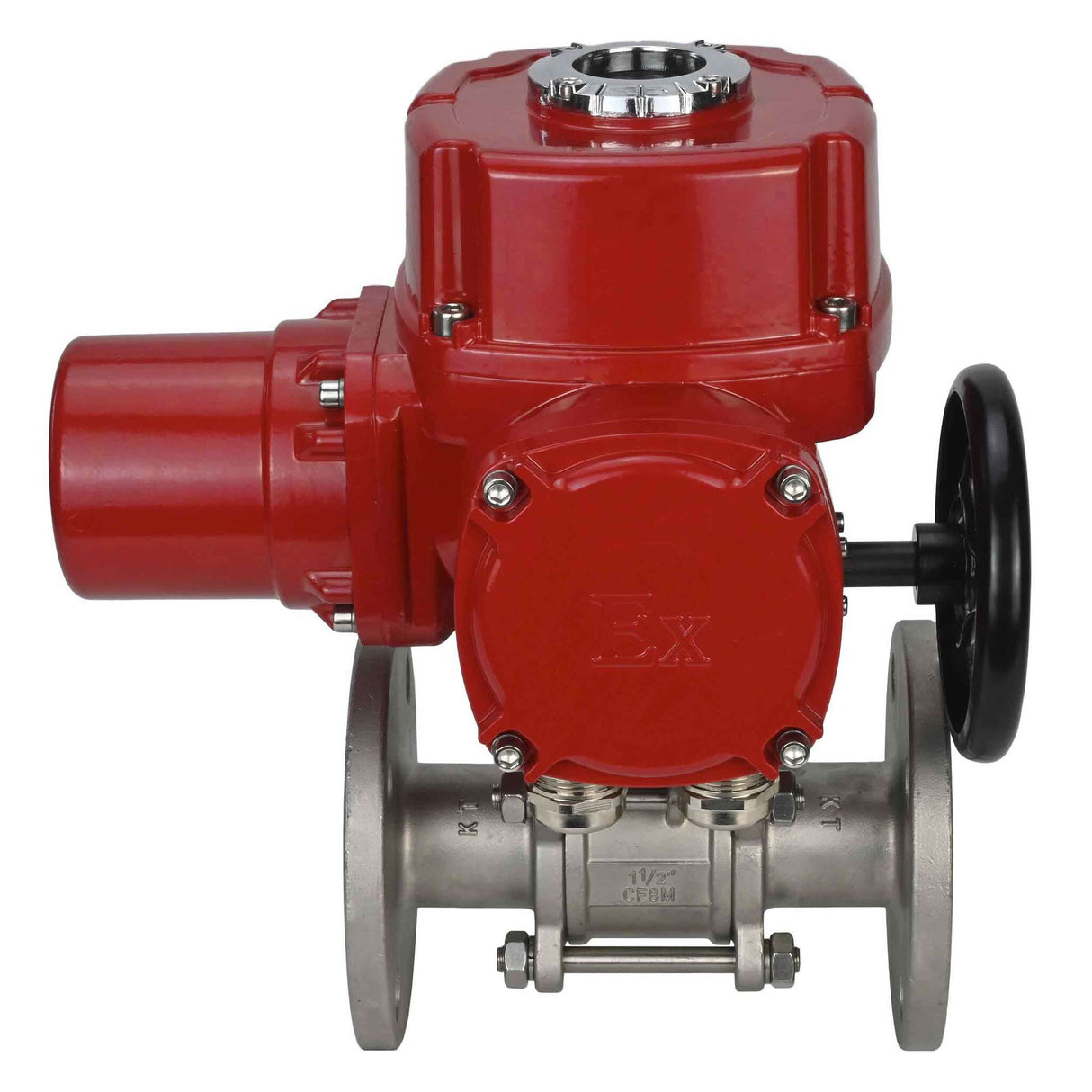 Robinet à boisseau sphérique en acier inoxydable Elephant BVFPT.316.180 en trois parties, matériau du corps - acier inoxydable SS316, joint - PTFE, à bride, passage intégral, actionneur électrique quart de tour Elephant QT-W (M) EX 220 V