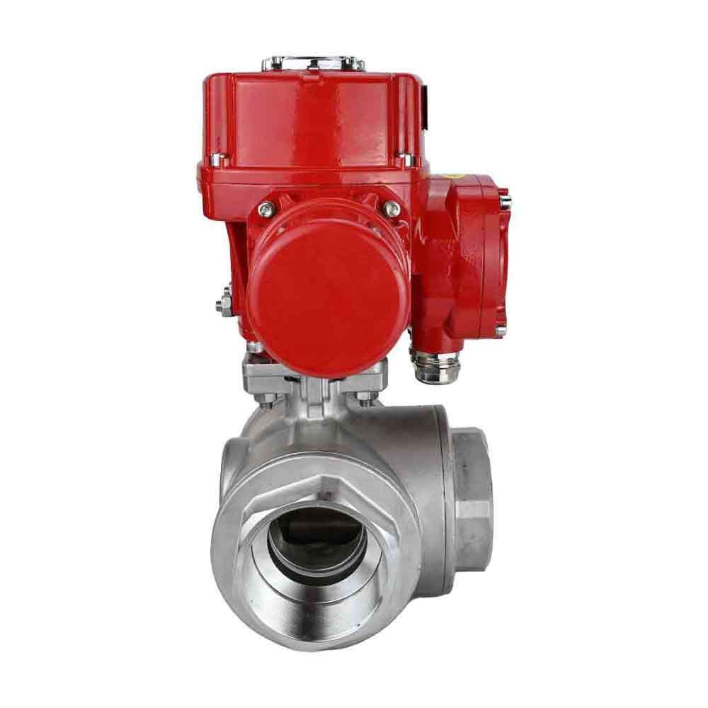 Robinet à boisseau sphérique en acier inoxydable Elephant RP.SS316.200.MM.ISO 914 PSI fileté, port standard, trois voies, type L, matériau du corps - acier inoxydable AISI 316, avec actionneur électrique quart de tour Elephant QT-W (M) EX 220V