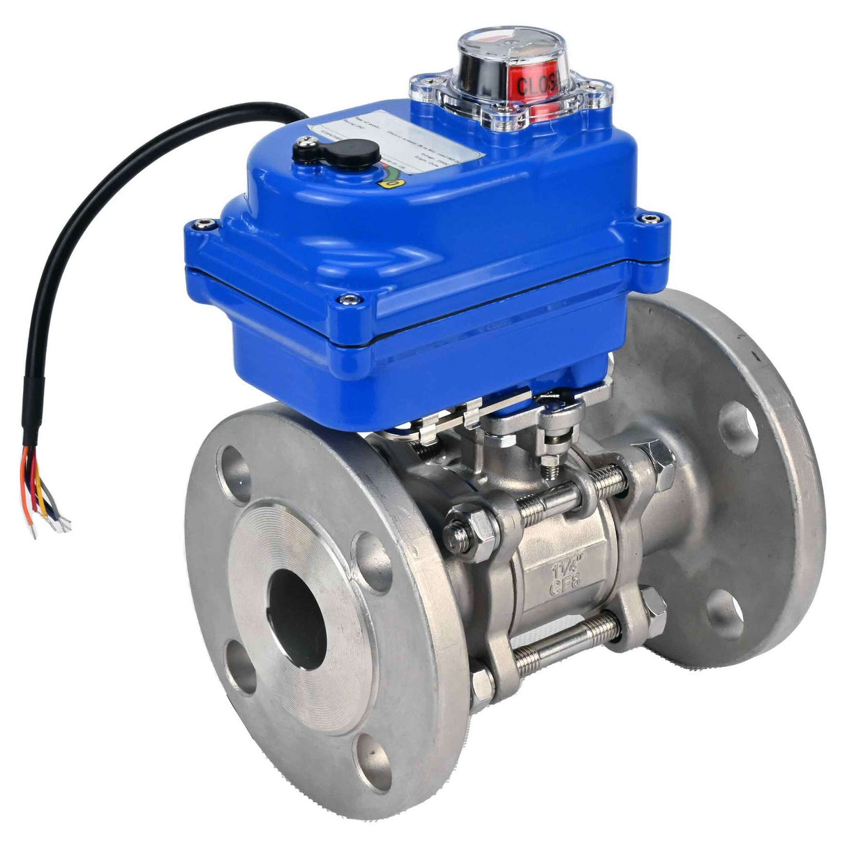 Robinet à boisseau sphérique en acier inoxydable Elephant BVFPT-ISO.316.180 en trois parties, matériau du corps - acier inoxydable SS316, joint - PTFE, à brides, passage intégral, actionneur électrique Elephant 003 bleu 24 V