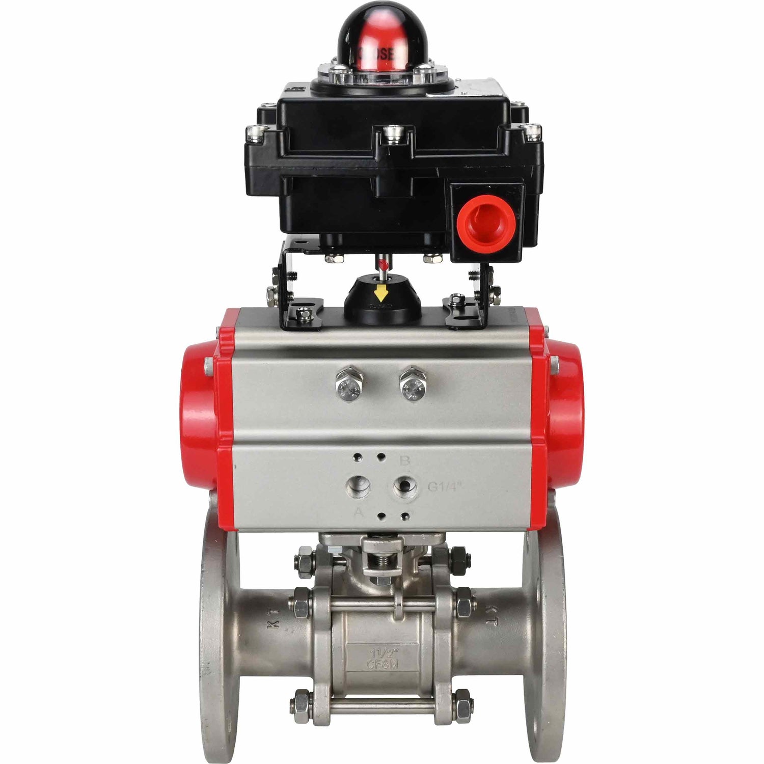 Stainless steel ball valve Elephant BVFPT-ISO,304,180 three-part, body material - stainless steel SS304, seal - PTFE, flanged, full port, pneumatic actuator Elephant DA, limit switch block APL-410N EX