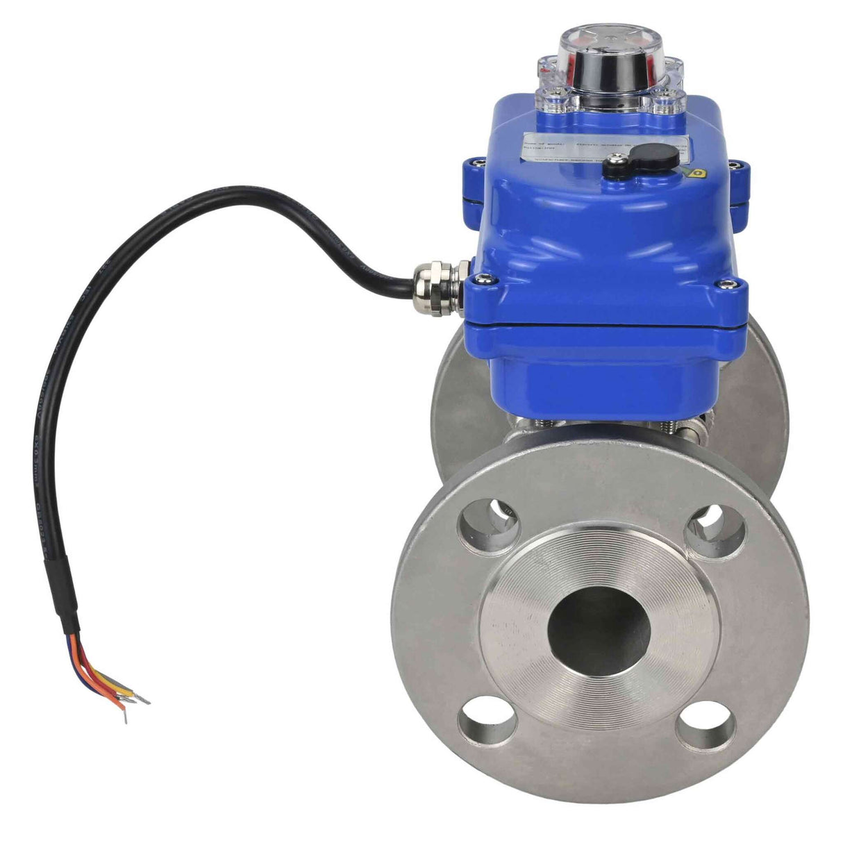 Robinet à boisseau sphérique en acier inoxydable Elephant BVFPT-ISO.316.180 en trois parties, matériau du corps - acier inoxydable SS316, joint - PTFE, à brides, passage intégral, actionneur électrique Elephant 003 bleu 24 V