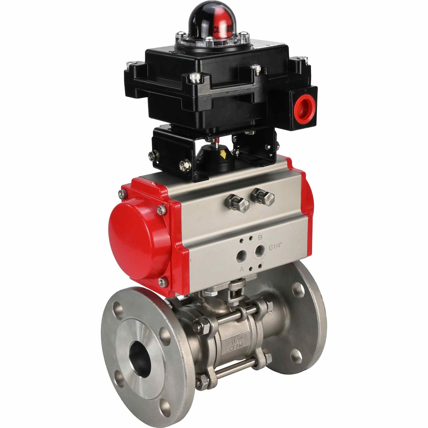 Robinet à boisseau sphérique en acier inoxydable Elephant BVFPT-ISO.304.180 en trois parties, matériau du corps - acier inoxydable SS304, joint - PTFE, à brides, passage intégral, actionneur pneumatique Elephant SA, bloc de fin de course APL-410N EX