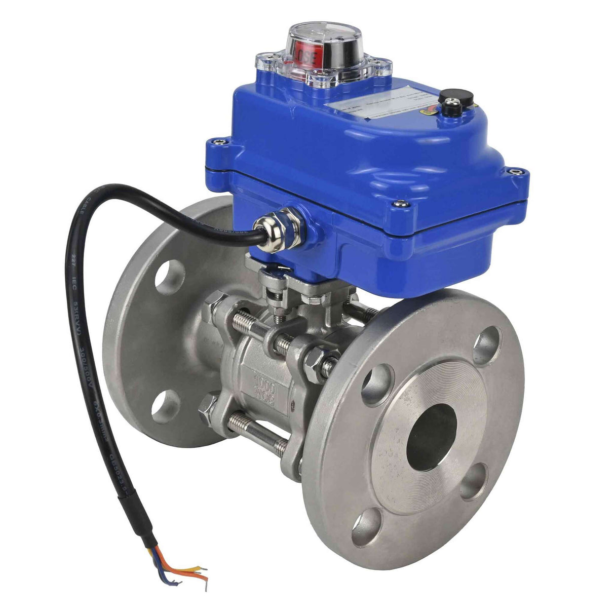 Robinet à boisseau sphérique en acier inoxydable Elephant BVFPT-ISO.316.180 en trois parties, matériau du corps - acier inoxydable SS316, joint - PTFE, à brides, passage intégral, actionneur électrique Elephant 003 bleu 24 V