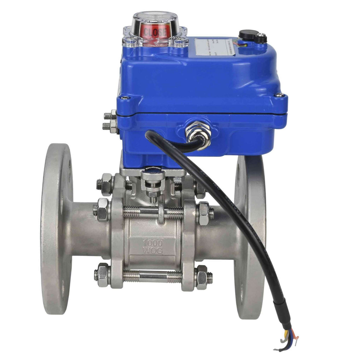 Robinet à boisseau sphérique en acier inoxydable Elephant BVFPT-ISO.316.180 en trois parties, matériau du corps - acier inoxydable SS316, joint - PTFE, à brides, passage intégral, actionneur électrique Elephant 003 bleu 24 V