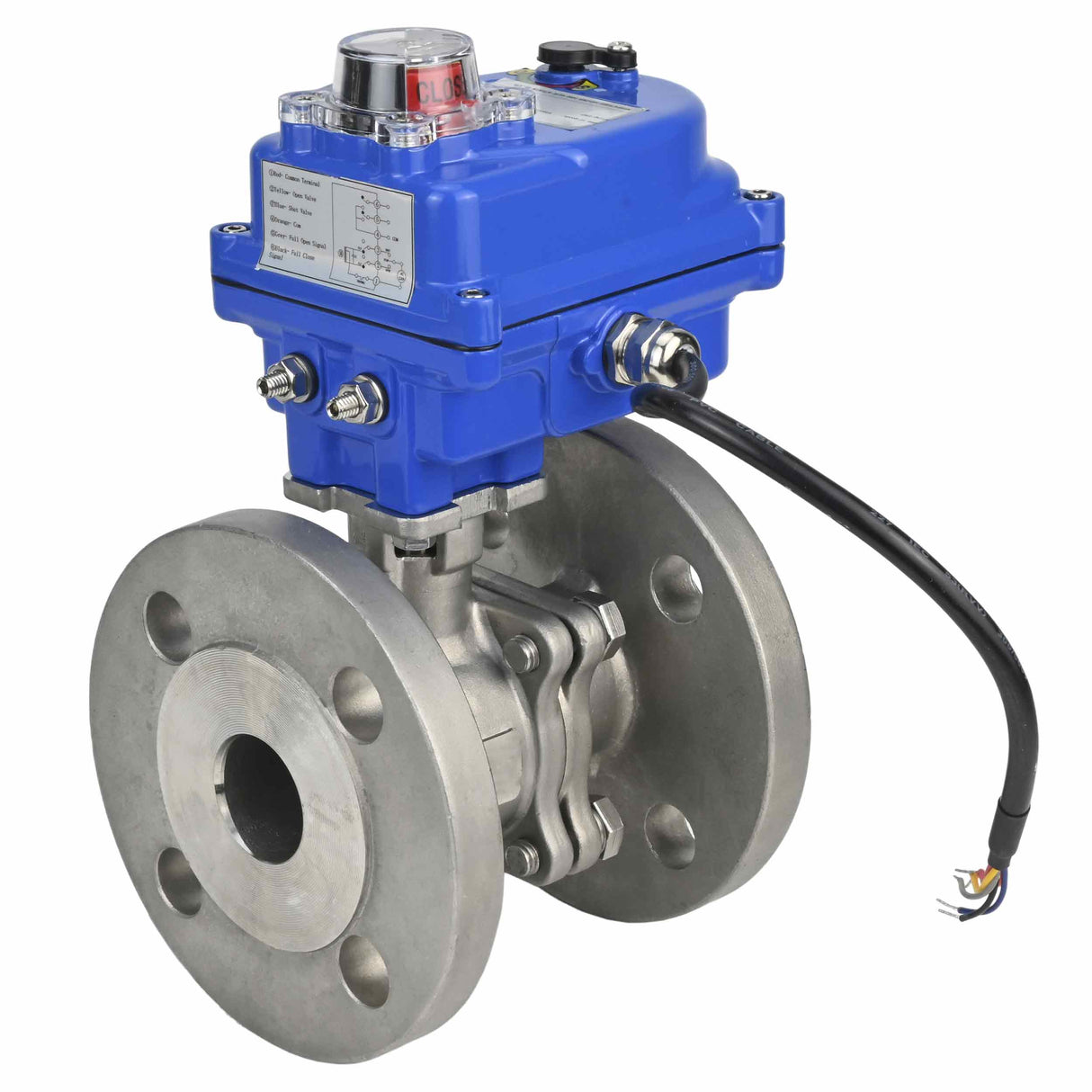 Robinet à boisseau sphérique en acier inoxydable Elephant BV3232P-FP-F, matériau du corps - acier inoxydable AISI 316, joint - PTFE, passage intégral, à bride, actionneur électrique Elephant 003 bleu 24 V