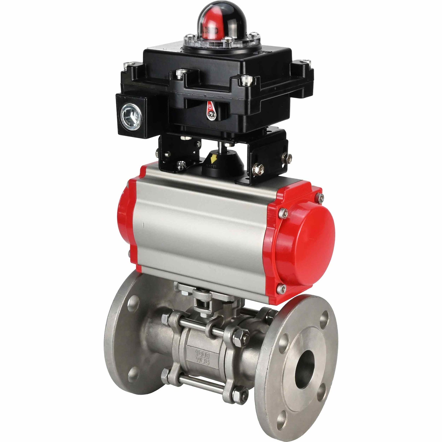Robinet à boisseau sphérique en acier inoxydable Elephant BVFPT-ISO.316.180 en trois parties, matériau du corps - acier inoxydable SS316, joint - PTFE, à brides, passage intégral, actionneur pneumatique Elephant SA, bloc de fin de course APL-410N EX